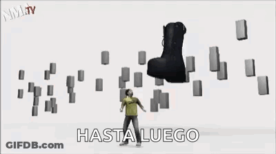 Black Boot With Hasta Luego Surrounded By Blocks GIF