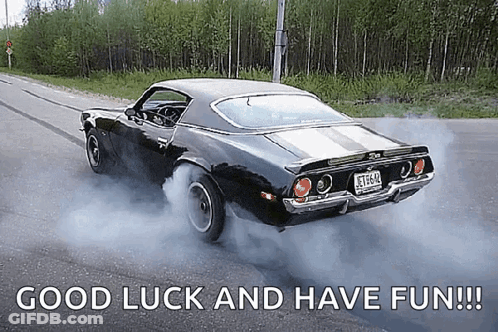 Black Car Driving Down Road Saying Good Luck And Have Fun GIF