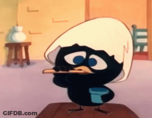 Black Cartoon Bird With White Hat Standing On Table GIF