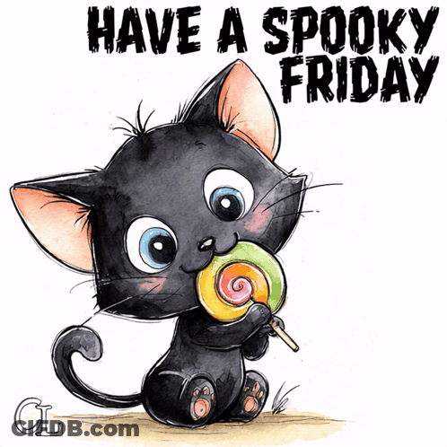 Black Cat Eating Lollipop Spooky Friday GIF
