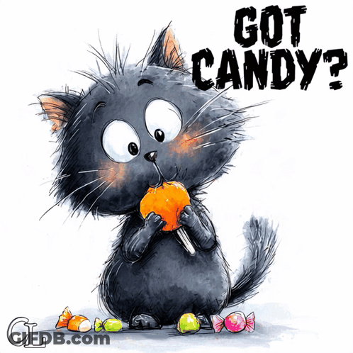 Black Cat Eating Orange Saying Got Candy GIF