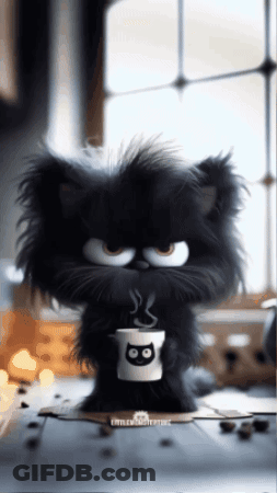 Black Cat Holding Coffee Cup GIF