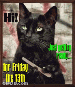 Black Cat Holding Nail File Saying Hi For Friday The 13Th GIF