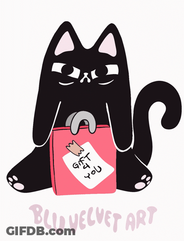 Black Cat Holding Pink Box Saying Gift 4 You GIF