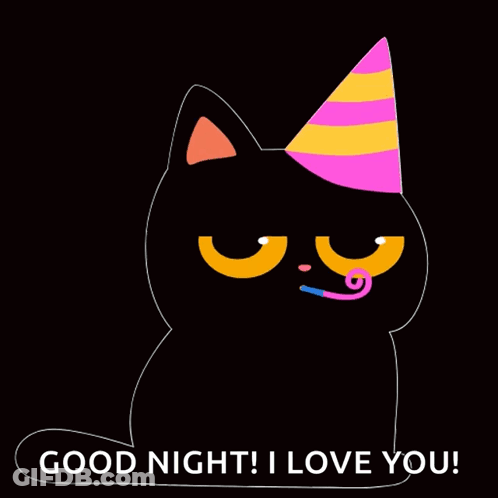 Black Cat In Party Hat Blowing Horn Saying Good Night I Love You GIF