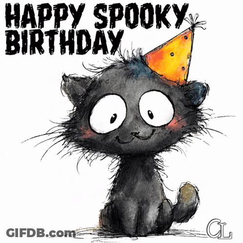 Black Cat In Party Hat Happy Spooky Birthday GIF