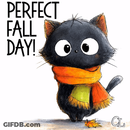 Black Cat In Scarf And Leaf Saying Perfect Fall Day GIF