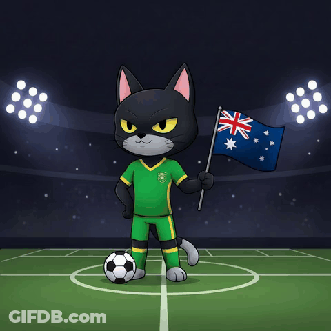 Black Cat In Soccer Uniform Holding Flag And Ball GIF