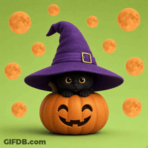 Black Cat In Witch Hat On Pumpkin GIF
