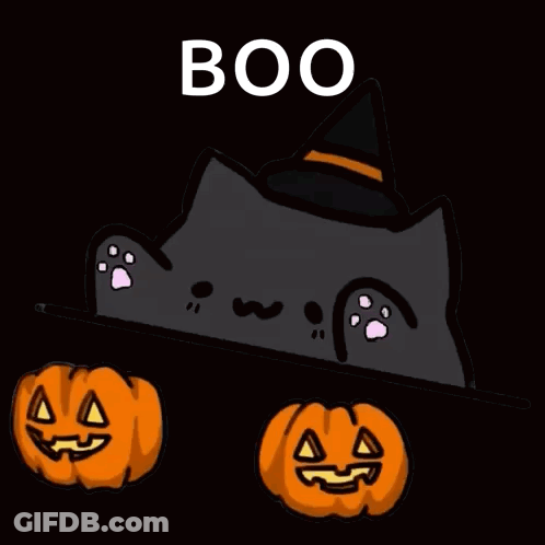Black Cat In Witch Hat Surrounded By Pumpkins Saying Boo GIF