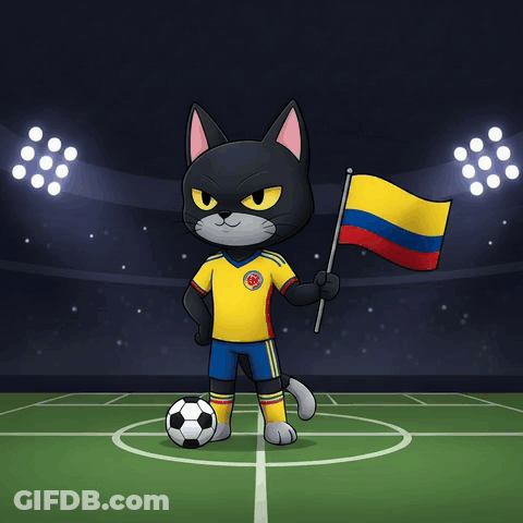 Black Cat In Yellow And Blue Jersey Holding Colombian Flag GIF