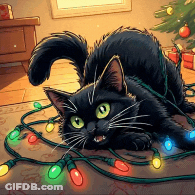 Black Cat Lying Among Christmas Lights GIF
