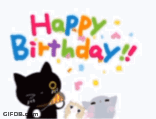 Black Cat Next To Two Cats Happy Birthday GIF