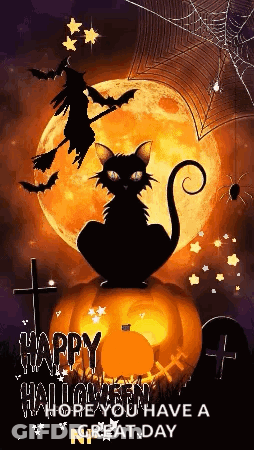 Black Cat On Pumpkin With Full Moon And Witch On Broom GIF