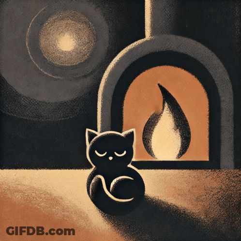 Black Cat Sitting In Front Of Fireplace Eyes Closed GIF