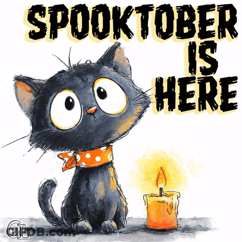 Black Cat Sitting Next To Candle Spooktober Is Here GIF