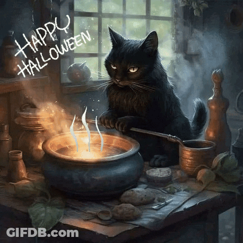 Black Cat Stirring Cauldron Happy Halloween GIF