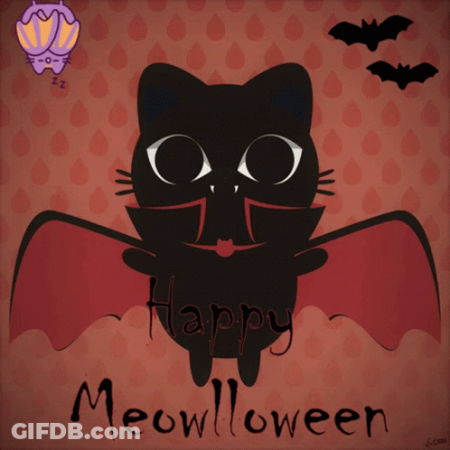 Black Cat With Bat Wings Happy Meowhalloween GIF
