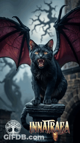 Black Cat With Dragon Wings On Stone Pillar Innairaea GIF