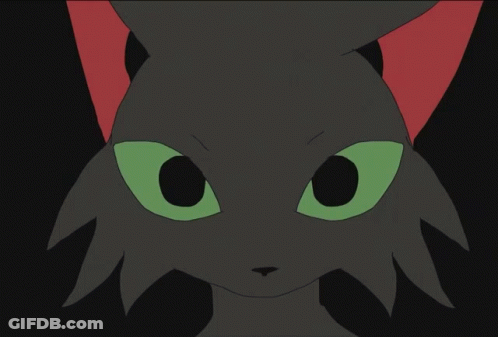 Black Cat With Green Eyes And Red Tail GIF