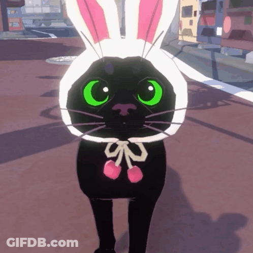 Black Cat With Green Eyes In White Bunny Hat GIF