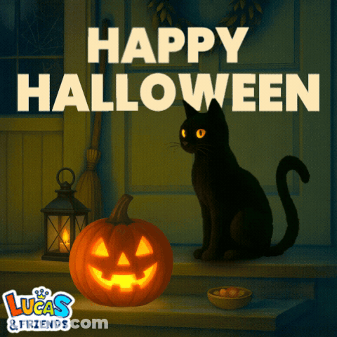 Black Cat With Pumpkin And Happy Halloween Sign GIF