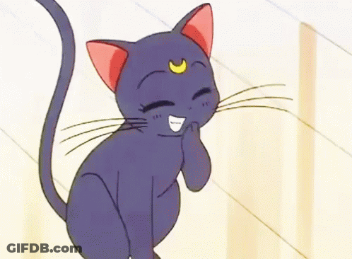 Black Cat With Red Ear And Crescent Moon Smiling GIF