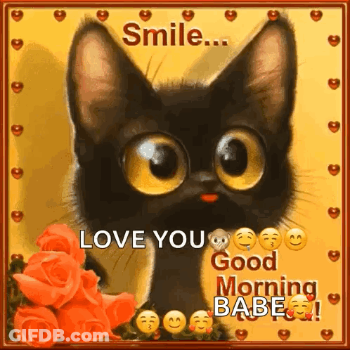 Black Cat With Roses And Smileys Saying Love You GIF