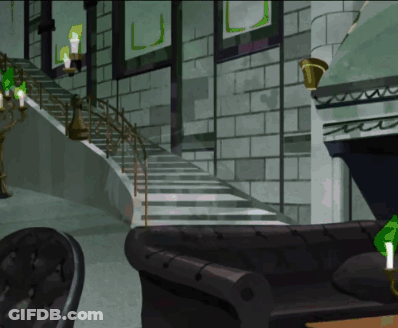 Black Couch In Front Of Staircase GIF