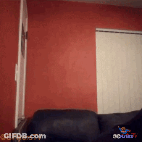 Black Couch With Red Wall And Flyers TV Logo GIF