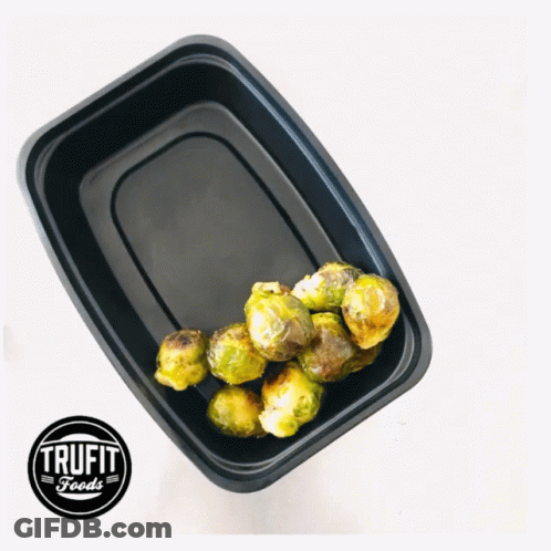 Black Plastic Container Of Brussels Sprouts With Trufit Foods Logo GIF