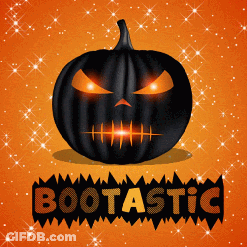 Black Pumpkin With Glowing Eyes Saying Bootastic GIF