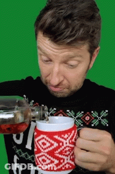 Black Sweater Man Pouring Drink Red White Mug GIF