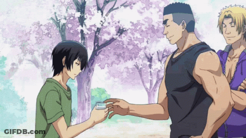 Black Tank Top Man Giving Paper To Green Shirt Man GIF