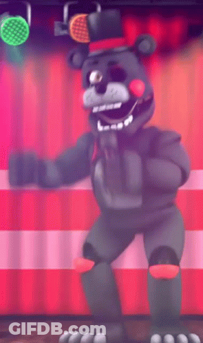 Black Teddy Bear Dancing In Front Of Red Curtain GIF