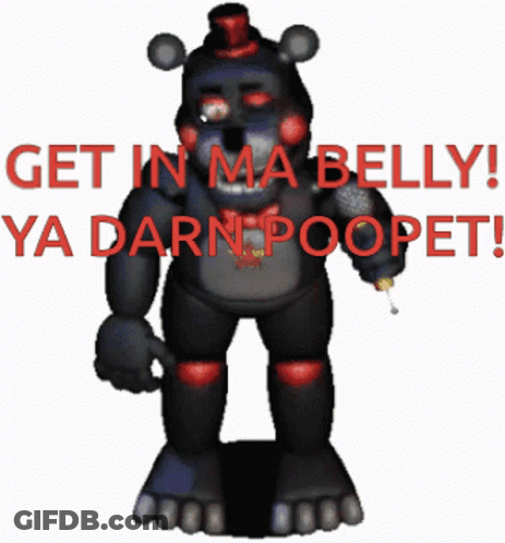 Black Teddy Bear In Red Top Hat Says Get In My Belly Ya Darn Poopet GIF