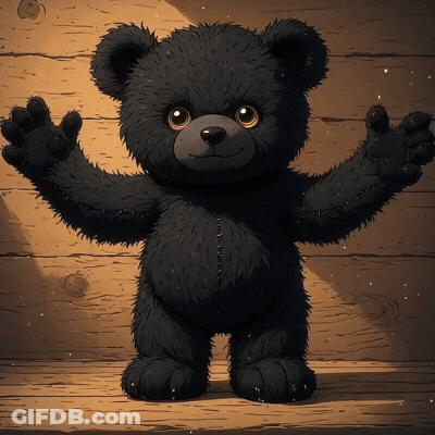 Black Teddy Bear Standing On Wood GIF