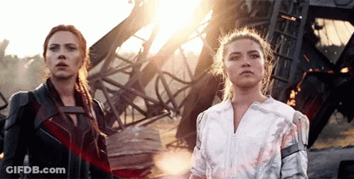 Black Widow And White Widow Are Standing Next To Each Other In Front Of A Destroyed Building . GIF