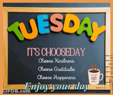 Blackboard Saying Tuesday It's Choose Day Choose Kindness Choose Gratitude Choose Happiness GIF