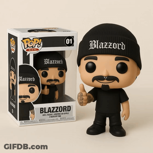 Blazzard Funko Pop Giving Thumbs Up Next To Box GIF