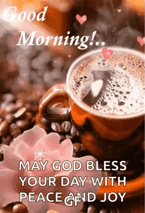 Blessed Day Hot Coffee With Pink Hearts Flying GIF