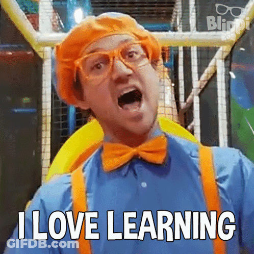 Blippi In Orange Hat And Bow Tie Says I Love Learning GIF