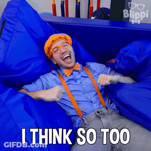 Blippi Is Laying On A Blue Bean Bag Chair Saying I Think So Too GIF