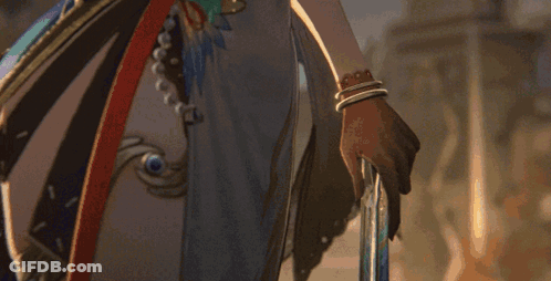Blonde Anime Girl Holding Fan And Sword GIF