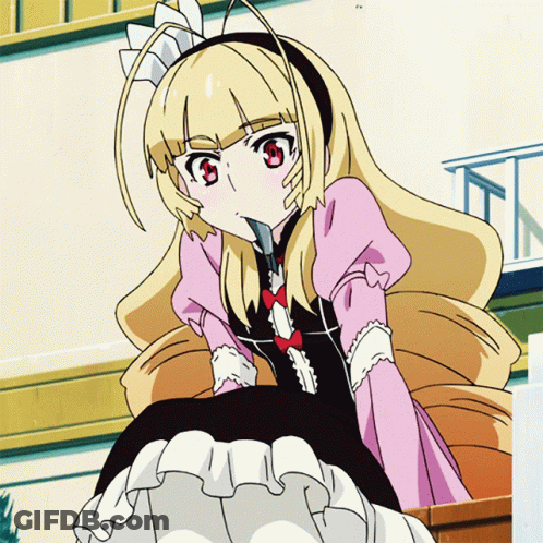 Blonde Anime Girl In Pink And Black Dress With Red Eyes GIF