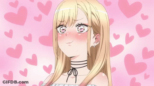 Blonde Anime Girl Making Face With Pink Hearts GIF