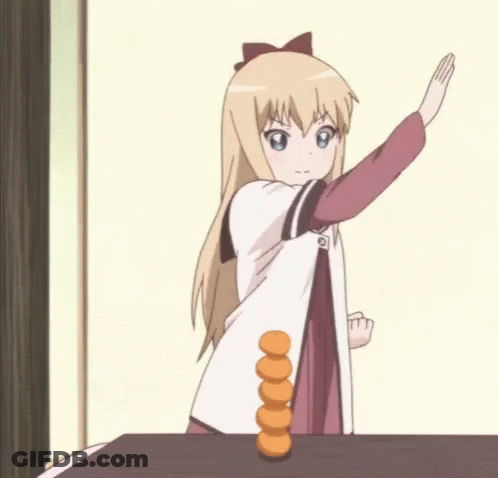 Blonde Anime Girl Standing Next To Table Of Oranges GIF