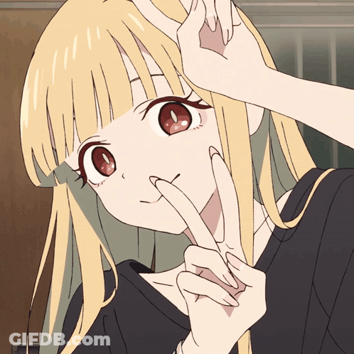 Blonde Anime Girl With Red Eyes Making Peace Sign GIF