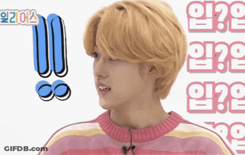 Blonde Boy In Pink And White Striped Sweater With Question Mark GIF