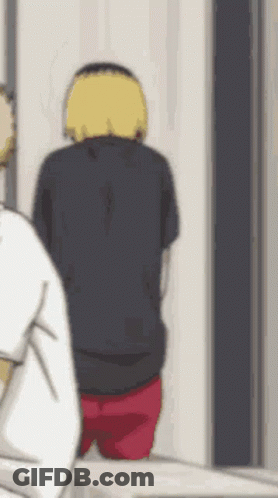 Blonde Boy In Red Shirt Walking With Backpack GIF